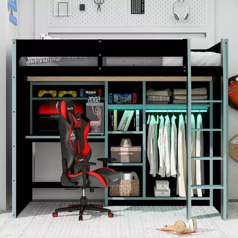 Gaming-Hochbett in voller Größe mit Schreibtisch und RGB-Beleuchtung, Hochbettgestell aus Vollholz mit Kleiderschrank und Staufächern