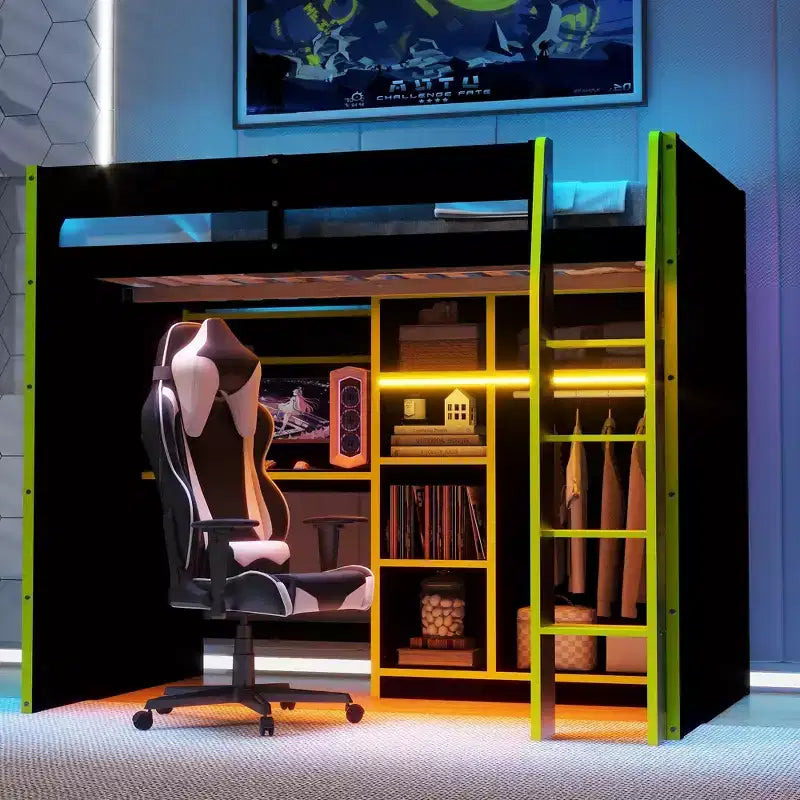 Gaming-Hochbett in voller Größe mit Schreibtisch und RGB-Beleuchtung, Hochbettgestell aus Vollholz mit Kleiderschrank und Staufächern