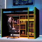 Gaming-Hochbett in voller Größe mit Schreibtisch und RGB-Beleuchtung, Hochbettgestell aus Vollholz mit Kleiderschrank und Staufächern