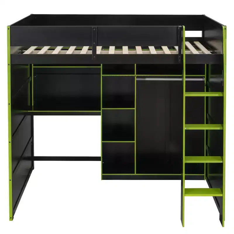 Gaming-Hochbett in voller Größe mit Schreibtisch und RGB-Beleuchtung, Hochbettgestell aus Vollholz mit Kleiderschrank und Staufächern