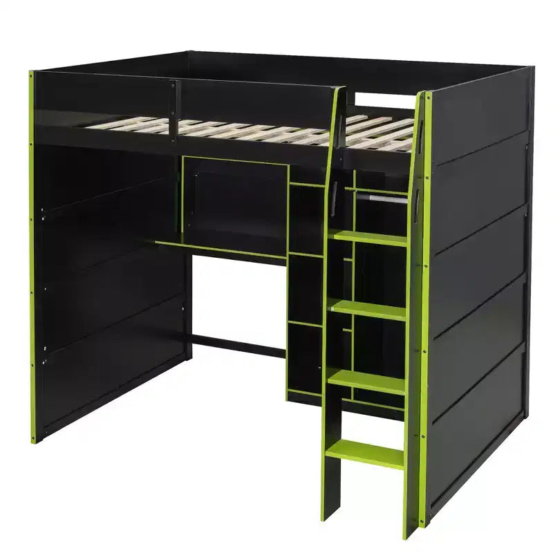 Gaming-Hochbett in voller Größe mit Schreibtisch und RGB-Beleuchtung, Hochbettgestell aus Vollholz mit Kleiderschrank und Staufächern