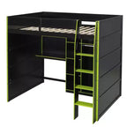 Gaming-Hochbett in voller Größe mit Schreibtisch und RGB-Beleuchtung, Hochbettgestell aus Vollholz mit Kleiderschrank und Staufächern