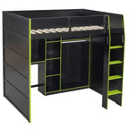 Gaming-Hochbett in voller Größe mit Schreibtisch und RGB-Beleuchtung, Hochbettgestell aus Vollholz mit Kleiderschrank und Staufächern