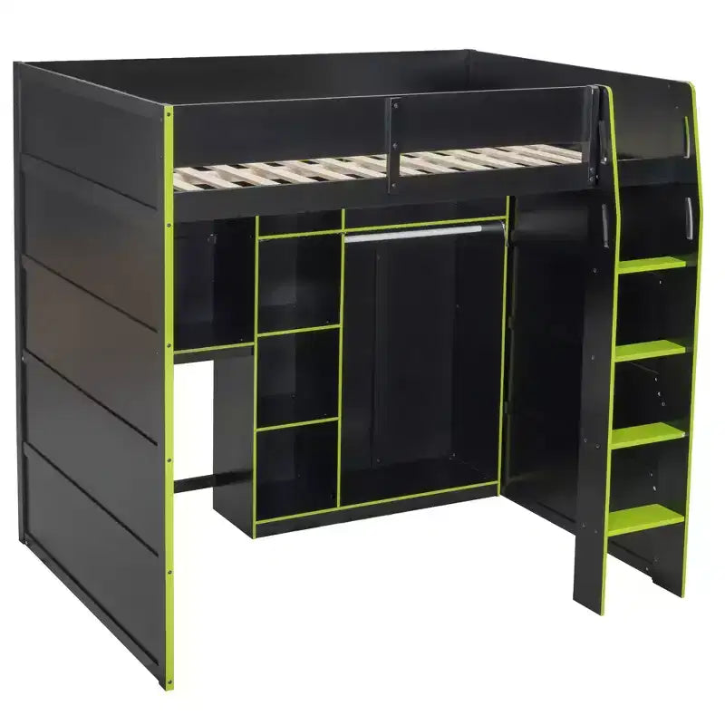 Gaming-Hochbett in voller Größe mit Schreibtisch und RGB-Beleuchtung, Hochbettgestell aus Vollholz mit Kleiderschrank und Staufächern