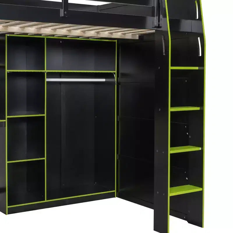Gaming-Hochbett in voller Größe mit Schreibtisch und RGB-Beleuchtung, Hochbettgestell aus Vollholz mit Kleiderschrank und Staufächern