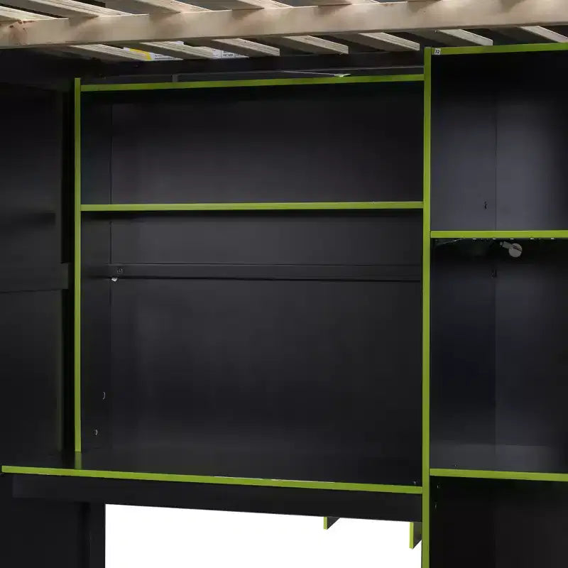 Gaming-Hochbett in voller Größe mit Schreibtisch und RGB-Beleuchtung, Hochbettgestell aus Vollholz mit Kleiderschrank und Staufächern
