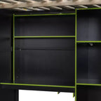 Gaming-Hochbett in voller Größe mit Schreibtisch und RGB-Beleuchtung, Hochbettgestell aus Vollholz mit Kleiderschrank und Staufächern