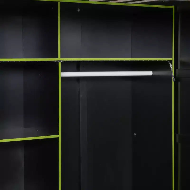 Gaming-Hochbett in voller Größe mit Schreibtisch und RGB-Beleuchtung, Hochbettgestell aus Vollholz mit Kleiderschrank und Staufächern