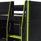 Gaming-Hochbett in voller Größe mit Schreibtisch und RGB-Beleuchtung, Hochbettgestell aus Vollholz mit Kleiderschrank und Staufächern