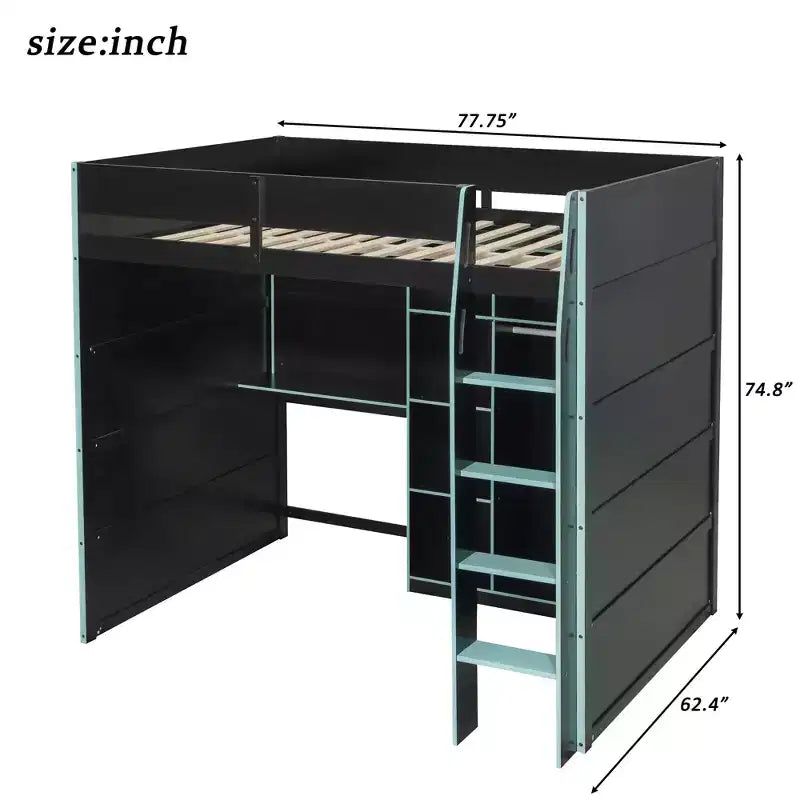 Gaming-Hochbett in voller Größe mit Schreibtisch und RGB-Beleuchtung, Hochbettgestell aus Vollholz mit Kleiderschrank und Staufächern