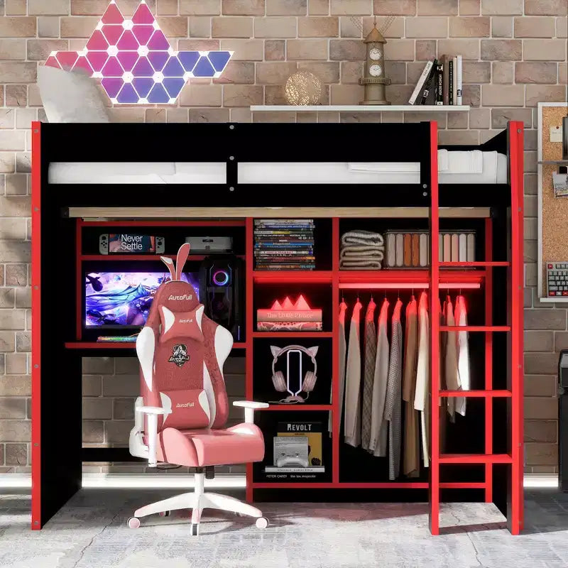 Gaming-Hochbett in voller Größe mit Schreibtisch und RGB-Beleuchtung, Hochbettgestell aus Vollholz mit Kleiderschrank und Staufächern