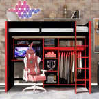Gaming-Hochbett in voller Größe mit Schreibtisch und RGB-Beleuchtung, Hochbettgestell aus Vollholz mit Kleiderschrank und Staufächern