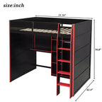 Gaming-Hochbett in voller Größe mit Schreibtisch und RGB-Beleuchtung, Hochbettgestell aus Vollholz mit Kleiderschrank und Staufächern