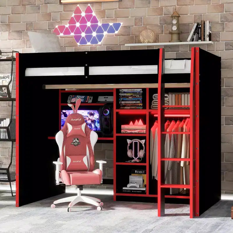 Gaming-Hochbett in voller Größe mit Schreibtisch und RGB-Beleuchtung, Hochbettgestell aus Vollholz mit Kleiderschrank und Staufächern