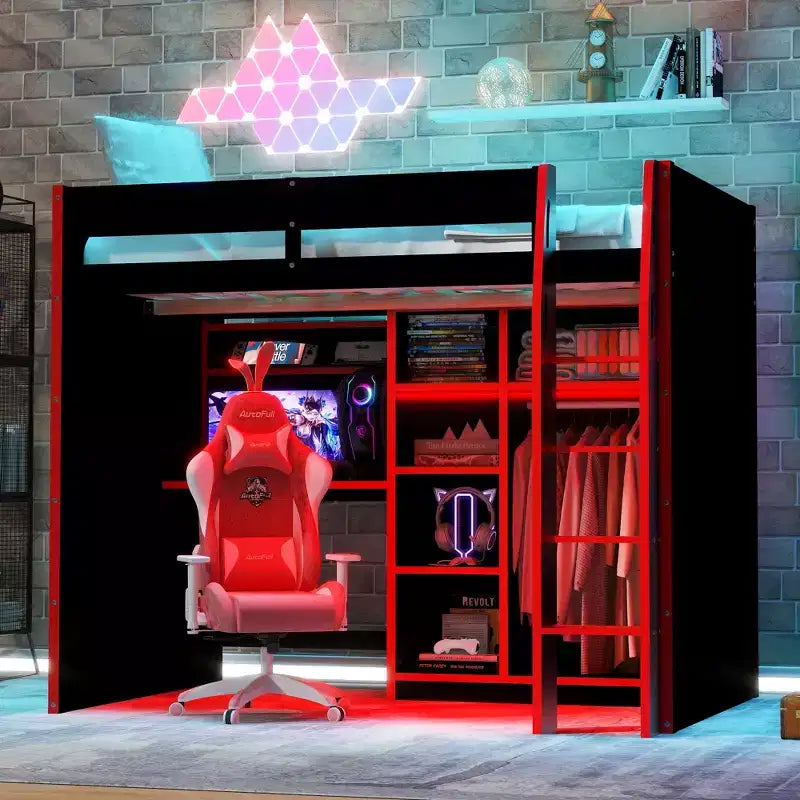 Gaming-Hochbett in voller Größe mit Schreibtisch und RGB-Beleuchtung, Hochbettgestell aus Vollholz mit Kleiderschrank und Staufächern