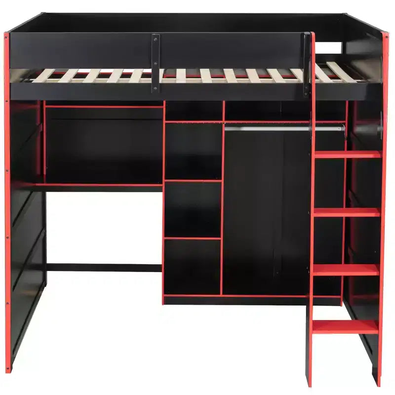 Gaming-Hochbett in voller Größe mit Schreibtisch und RGB-Beleuchtung, Hochbettgestell aus Vollholz mit Kleiderschrank und Staufächern