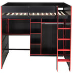 Gaming-Hochbett in voller Größe mit Schreibtisch und RGB-Beleuchtung, Hochbettgestell aus Vollholz mit Kleiderschrank und Staufächern