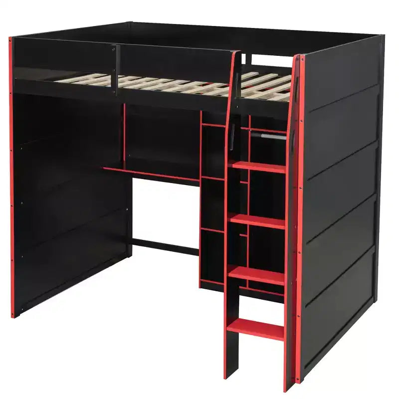 Gaming-Hochbett in voller Größe mit Schreibtisch und RGB-Beleuchtung, Hochbettgestell aus Vollholz mit Kleiderschrank und Staufächern