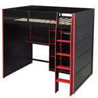 Gaming-Hochbett in voller Größe mit Schreibtisch und RGB-Beleuchtung, Hochbettgestell aus Vollholz mit Kleiderschrank und Staufächern