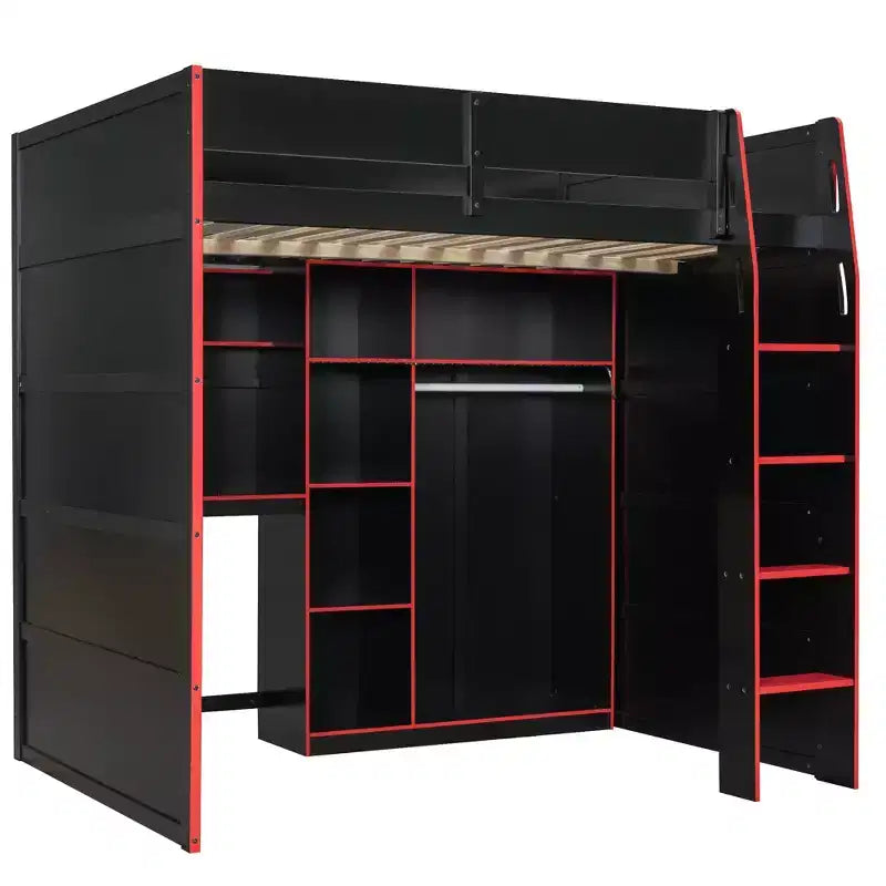 Gaming-Hochbett in voller Größe mit Schreibtisch und RGB-Beleuchtung, Hochbettgestell aus Vollholz mit Kleiderschrank und Staufächern