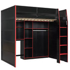 Gaming-Hochbett in voller Größe mit Schreibtisch und RGB-Beleuchtung, Hochbettgestell aus Vollholz mit Kleiderschrank und Staufächern