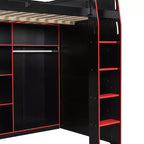 Gaming-Hochbett in voller Größe mit Schreibtisch und RGB-Beleuchtung, Hochbettgestell aus Vollholz mit Kleiderschrank und Staufächern