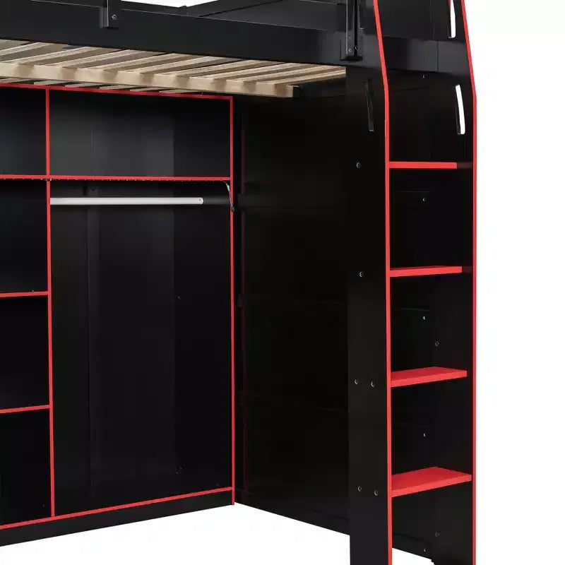 Gaming-Hochbett in voller Größe mit Schreibtisch und RGB-Beleuchtung, Hochbettgestell aus Vollholz mit Kleiderschrank und Staufächern