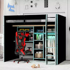 Gaming-Hochbett in voller Größe mit Schreibtisch und RGB-Beleuchtung, Hochbettgestell aus Vollholz mit Kleiderschrank und Staufächern