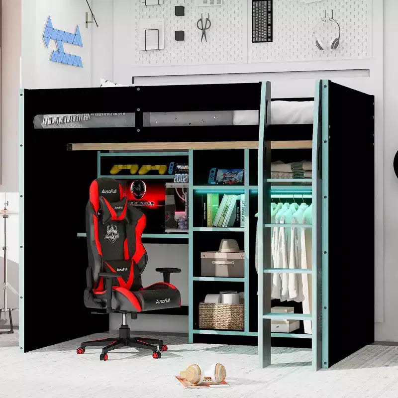 Gaming-Hochbett in voller Größe mit Schreibtisch und RGB-Beleuchtung, Hochbettgestell aus Vollholz mit Kleiderschrank und Staufächern
