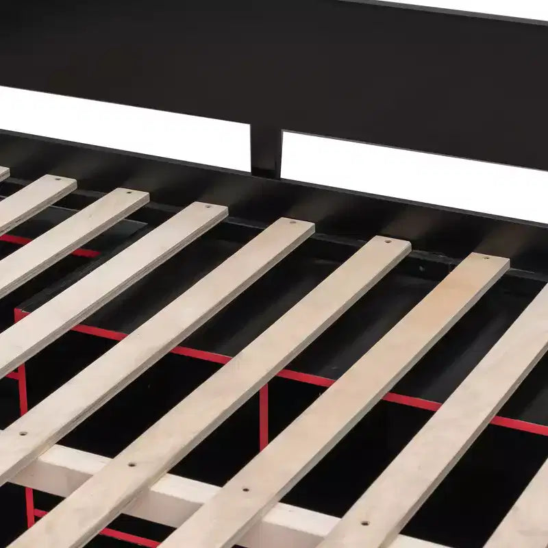 Gaming-Hochbett in voller Größe mit Schreibtisch und RGB-Beleuchtung, Hochbettgestell aus Vollholz mit Kleiderschrank und Staufächern