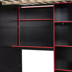 Gaming-Hochbett in voller Größe mit Schreibtisch und RGB-Beleuchtung, Hochbettgestell aus Vollholz mit Kleiderschrank und Staufächern