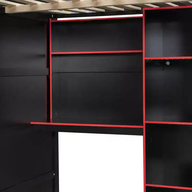 Gaming-Hochbett in voller Größe mit Schreibtisch und RGB-Beleuchtung, Hochbettgestell aus Vollholz mit Kleiderschrank und Staufächern