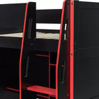 Gaming-Hochbett in voller Größe mit Schreibtisch und RGB-Beleuchtung, Hochbettgestell aus Vollholz mit Kleiderschrank und Staufächern