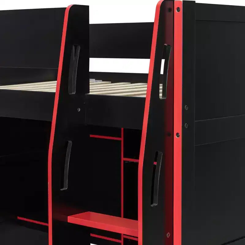 Gaming-Hochbett in voller Größe mit Schreibtisch und RGB-Beleuchtung, Hochbettgestell aus Vollholz mit Kleiderschrank und Staufächern