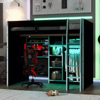 Gaming-Hochbett in voller Größe mit Schreibtisch und RGB-Beleuchtung, Hochbettgestell aus Vollholz mit Kleiderschrank und Staufächern