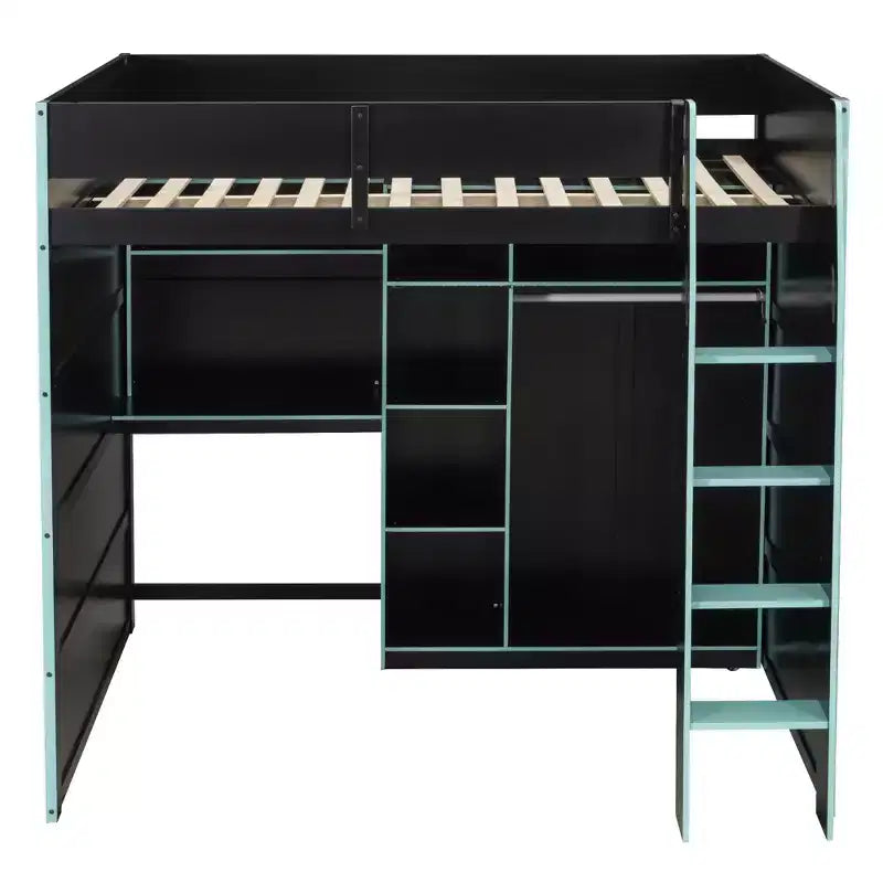 Gaming-Hochbett in voller Größe mit Schreibtisch und RGB-Beleuchtung, Hochbettgestell aus Vollholz mit Kleiderschrank und Staufächern