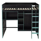 Gaming-Hochbett in voller Größe mit Schreibtisch und RGB-Beleuchtung, Hochbettgestell aus Vollholz mit Kleiderschrank und Staufächern