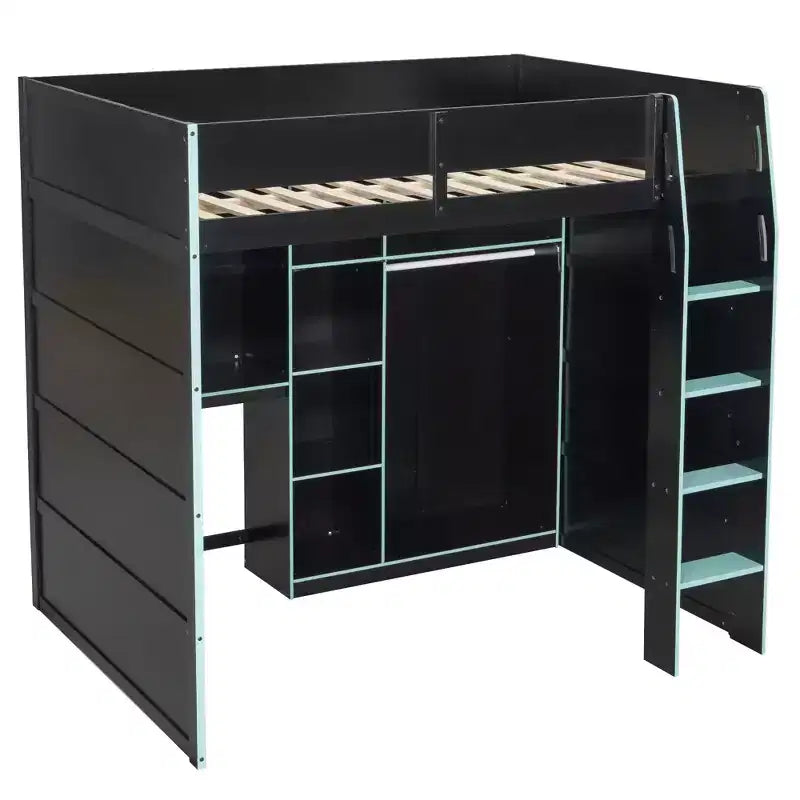 Gaming-Hochbett in voller Größe mit Schreibtisch und RGB-Beleuchtung, Hochbettgestell aus Vollholz mit Kleiderschrank und Staufächern