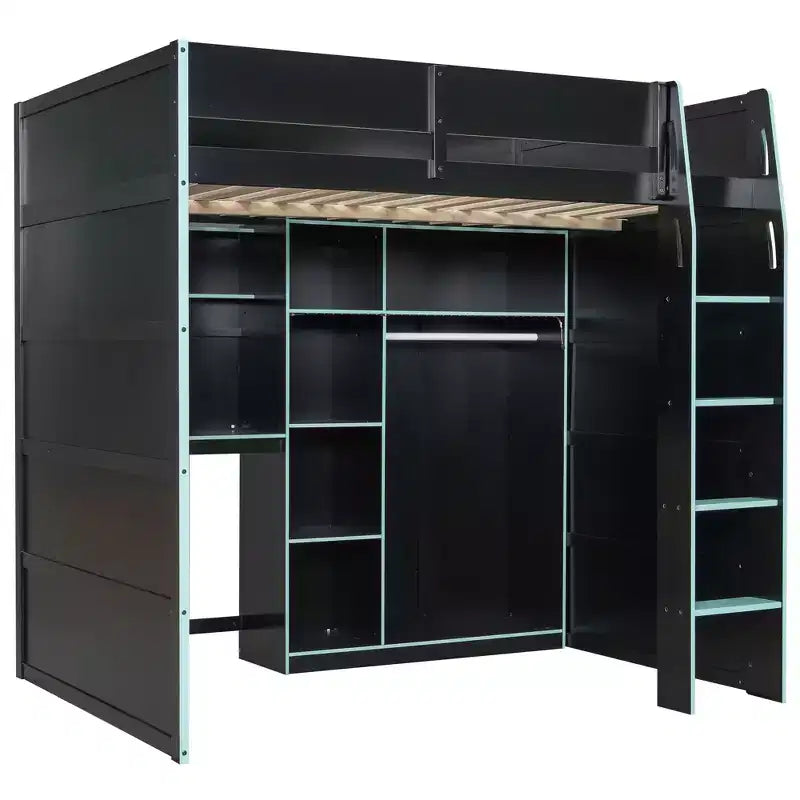 Gaming-Hochbett in voller Größe mit Schreibtisch und RGB-Beleuchtung, Hochbettgestell aus Vollholz mit Kleiderschrank und Staufächern