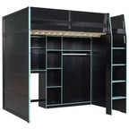 Gaming-Hochbett in voller Größe mit Schreibtisch und RGB-Beleuchtung, Hochbettgestell aus Vollholz mit Kleiderschrank und Staufächern
