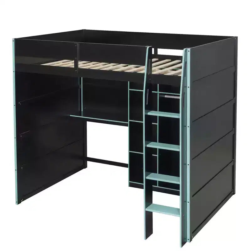 Gaming-Hochbett in voller Größe mit Schreibtisch und RGB-Beleuchtung, Hochbettgestell aus Vollholz mit Kleiderschrank und Staufächern