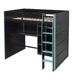 Gaming-Hochbett in voller Größe mit Schreibtisch und RGB-Beleuchtung, Hochbettgestell aus Vollholz mit Kleiderschrank und Staufächern