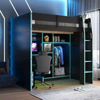 Full Size Gaming Loft Bed with Desk & RGB Lights, Full Wood Loft Bed Frame with Wardrobe and Storage Compartments