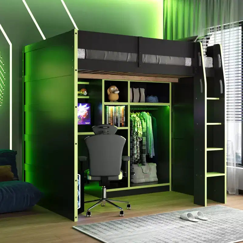 Gaming-Hochbett in voller Größe mit Schreibtisch und RGB-Beleuchtung, Hochbettgestell aus Vollholz mit Kleiderschrank und Staufächern