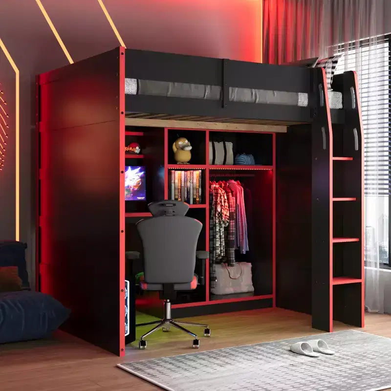 Gaming-Hochbett in voller Größe mit Schreibtisch und RGB-Beleuchtung, Hochbettgestell aus Vollholz mit Kleiderschrank und Staufächern