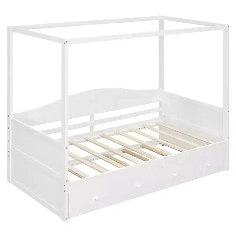 Tagesbett in Zwillingsgröße mit Ausziehbett und Himmel