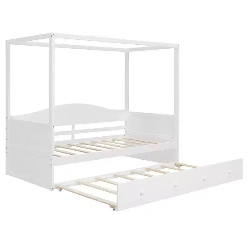 Tagesbett in Zwillingsgröße mit Ausziehbett und Himmel