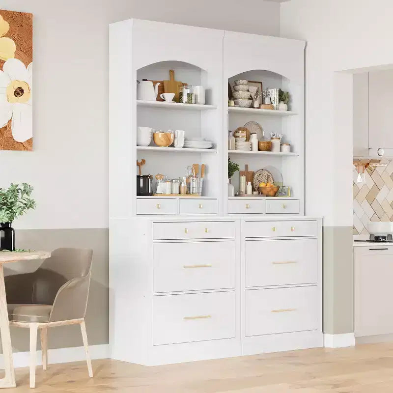  Tatton Modern 83.7 Kitchen Pantry with Faux Marble Top, Storage Drawers and Shelves, White