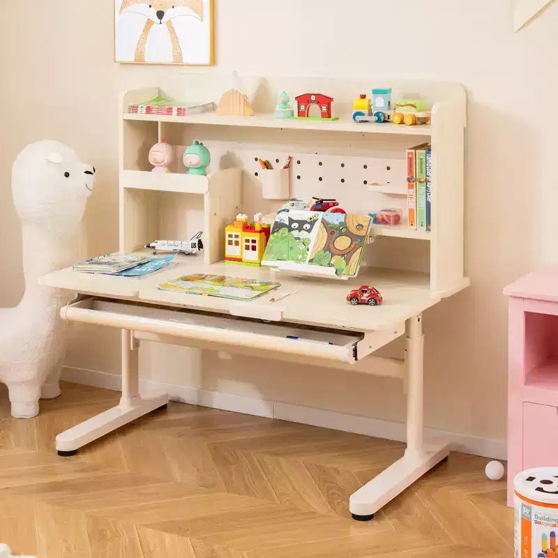 Höhenverstellbarer Kinderschreibtisch mit neigbarer Tischplatte, ausziehbarer Buchstütze, Lochwand und Stifthalter