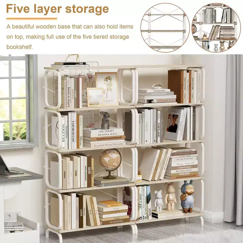 5-stufiges Industrieregal, weißes MDF+Eisenrahmen offenes Bücherregal (Anti-Kipp Home Office/Wohnzimmer Organizer)